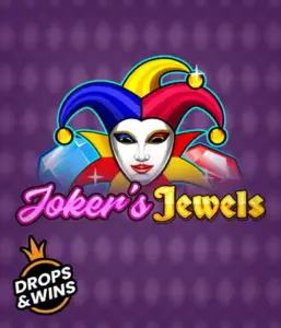 Discover the colorful ambiance of the Joker's Jewels game by Pragmatic Play, showcasing a charming joker's mask decorated with a vivid jester hat. This graphic conveys the light-hearted fun of classic slots, set against a deep purple background. Ideal for fans of joker-themed slots, promising a thrilling adventure. 