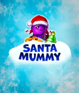  Discover the quirky "Santa Mummy" slot game by Belatra, showcasing a Santa-clad mummy dressed in festive holiday attire. This vibrant image portrays the mummy with a bright purple hue, wearing a Santa hat, against a backdrop of snowy blue with icy snowflakes. The game's title, "Santa Mummy," is clearly shown in large, cool blue letters.